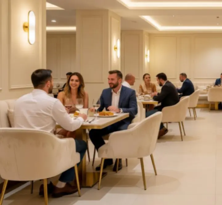 A Orasul VIP Étterem elegáns enteriőrje, igényes asztalokkal és meleg világítással