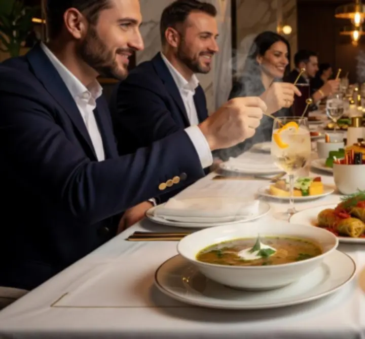 Elegánsan megterített asztal vacsorához a Orasul VIP modern enteriőrjében